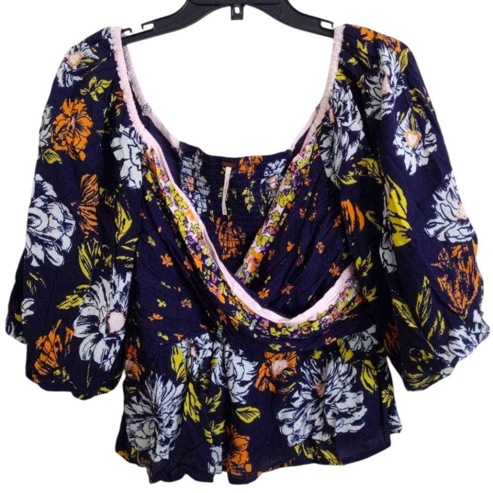 Free People Mirabella Wrap Front Navy Multicolor Floral Women's Top Size Medium